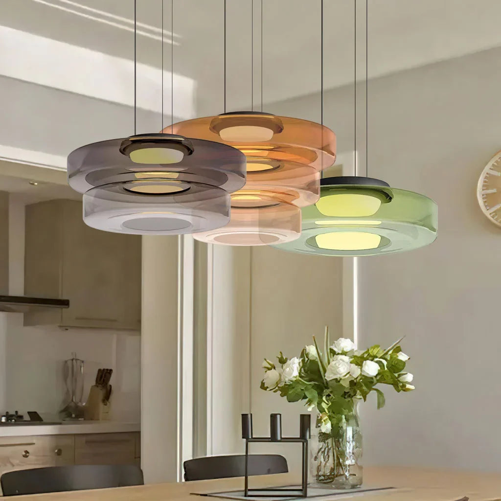 Nordic Creative Glass Pendant Light with Multi-Layer Disc Shade, Modern Macaron Design for Kitchen Island