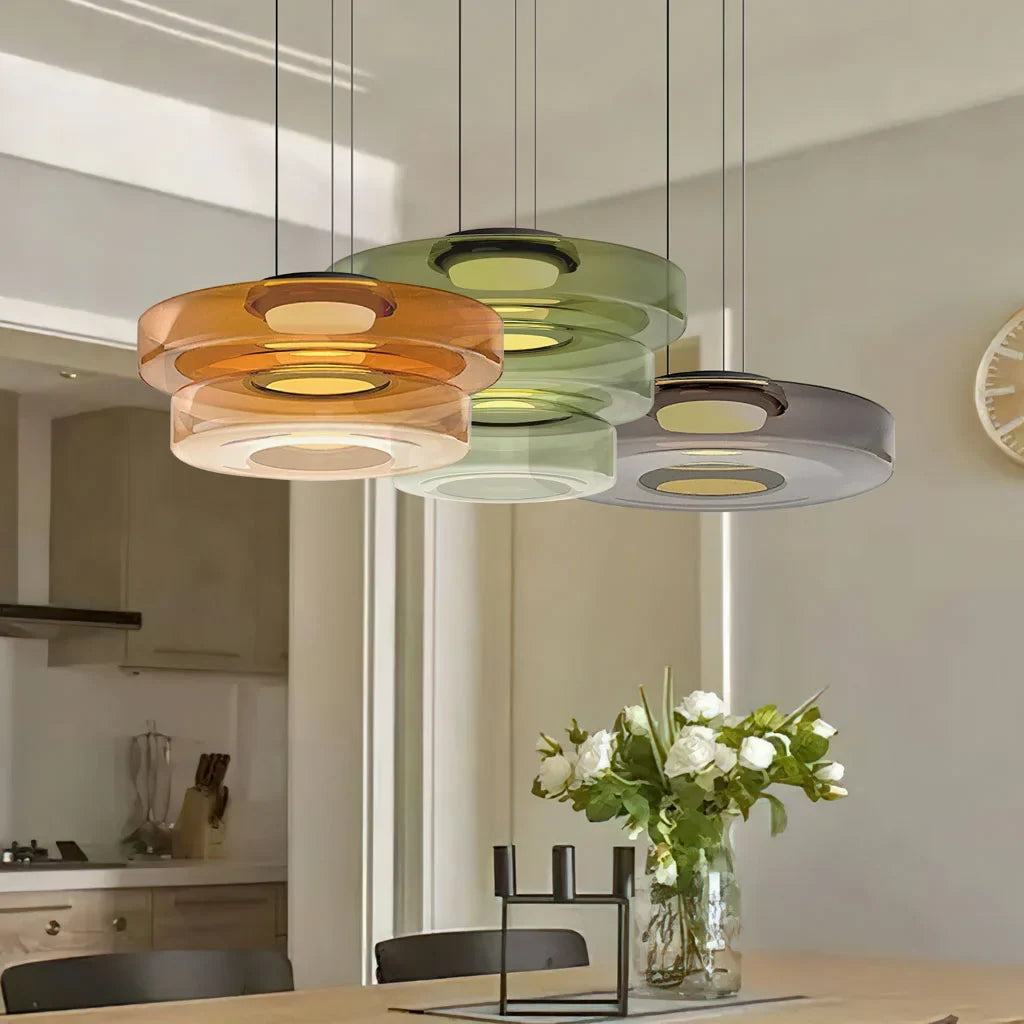 Nordic Creative Glass Pendant Light with Multi-Layer Disc Shade, Modern Macaron Design for Kitchen Island