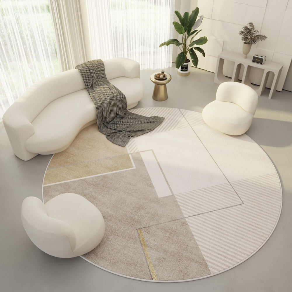 Round Polyester Area Rug with Geometric Pattern – Washable Modern Floor Carpet