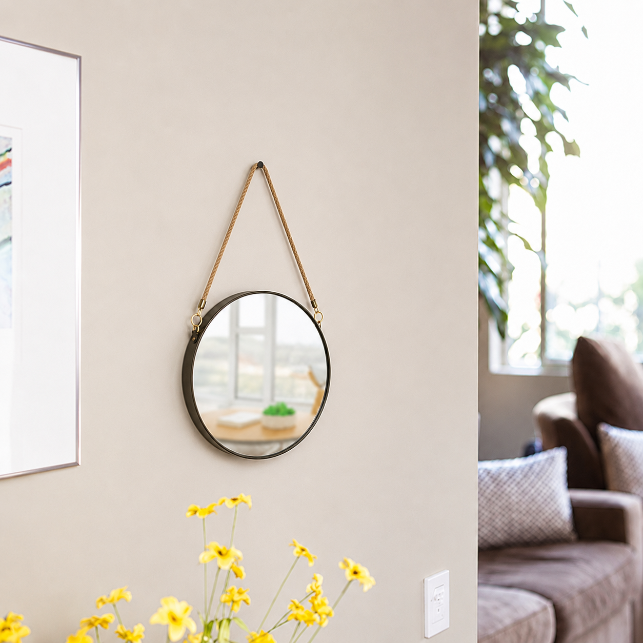 Round Wall Mirror with Hanging Rope
