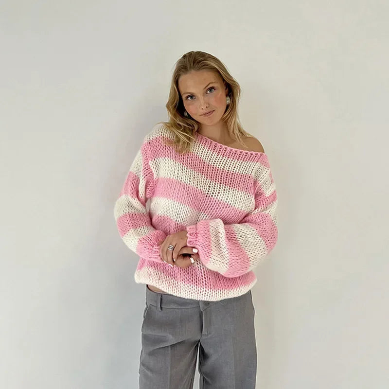 Oversized Pink Striped Sweater for Women