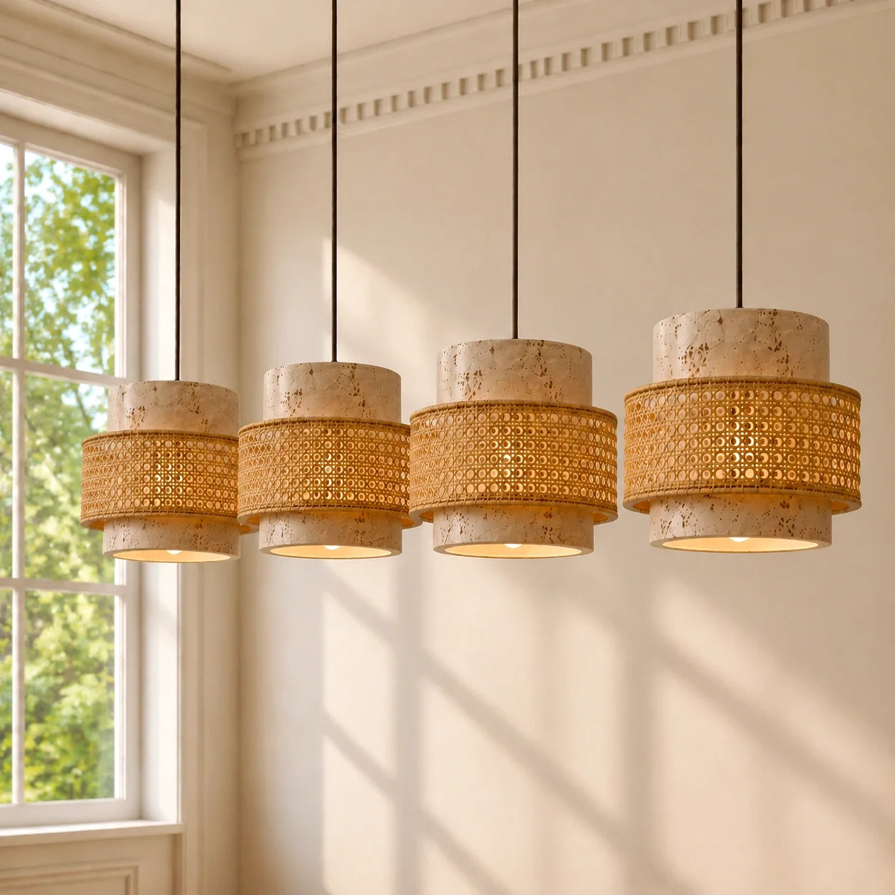 Wabi-Sabi Natural Travertine Cylinder Pendant Light with Wooden Shade, Japandi Kitchen Island Pendant Lamp