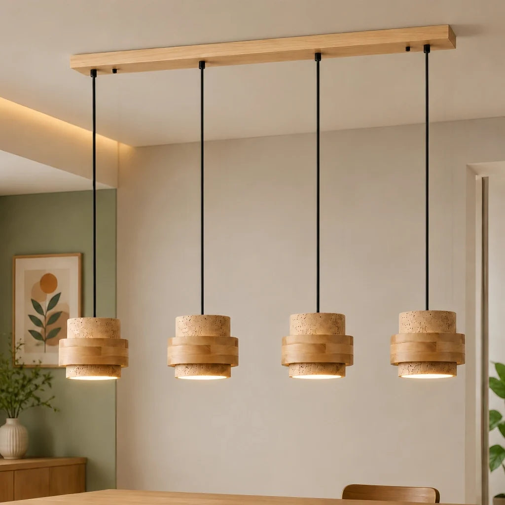 Wabi-Sabi Natural Travertine Cylinder Pendant Light with Wooden Shade, Japandi Kitchen Island Pendant Lamp