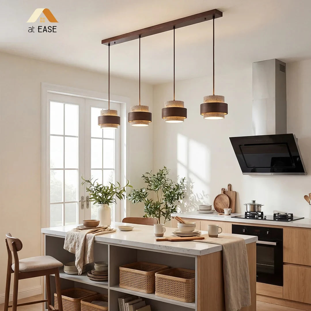 Wabi-Sabi Natural Travertine Cylinder Pendant Light with Wooden Shade, Japandi Kitchen Island Pendant Lamp