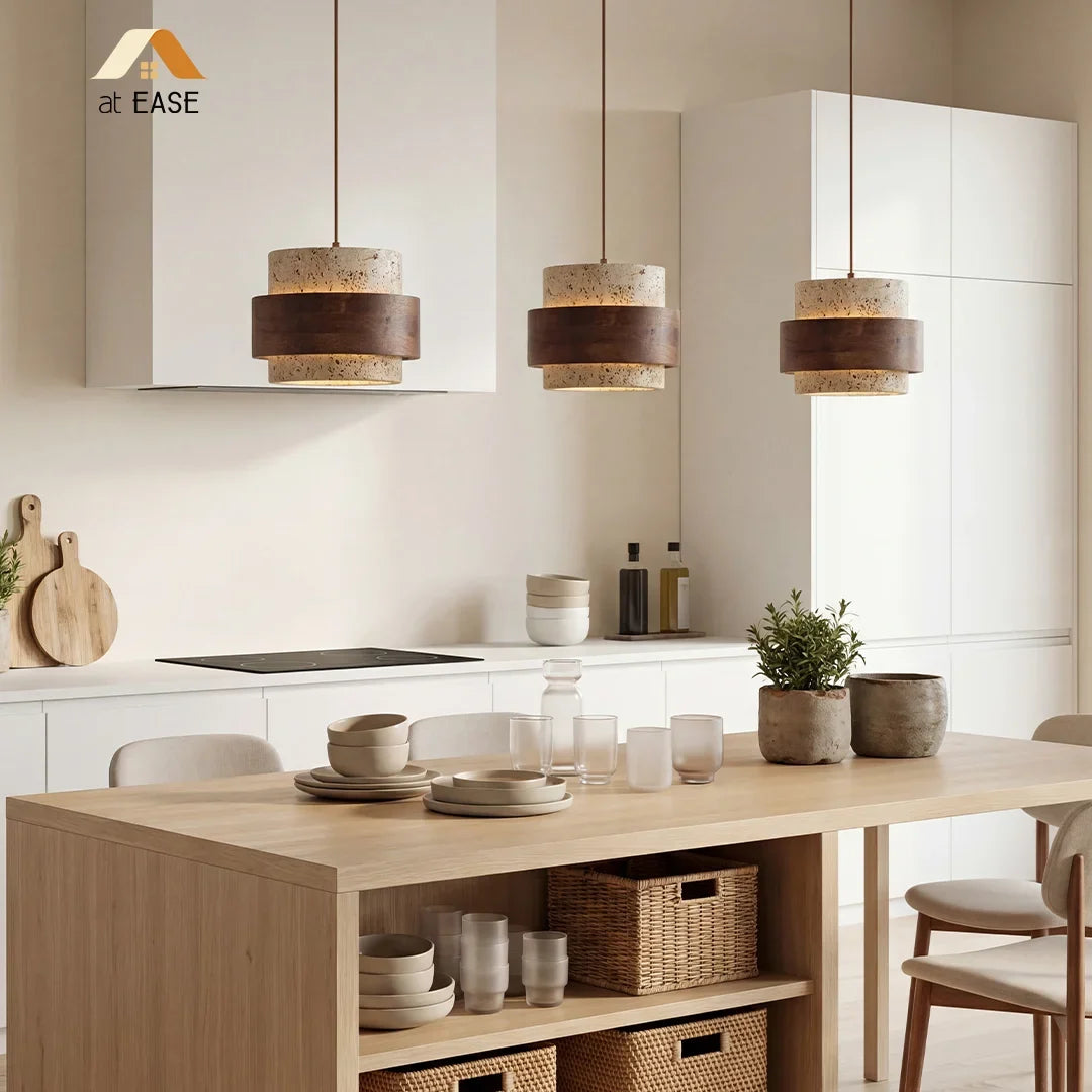 Wabi-Sabi Natural Travertine Cylinder Pendant Light with Wooden Shade, Japandi Kitchen Island Pendant Lamp