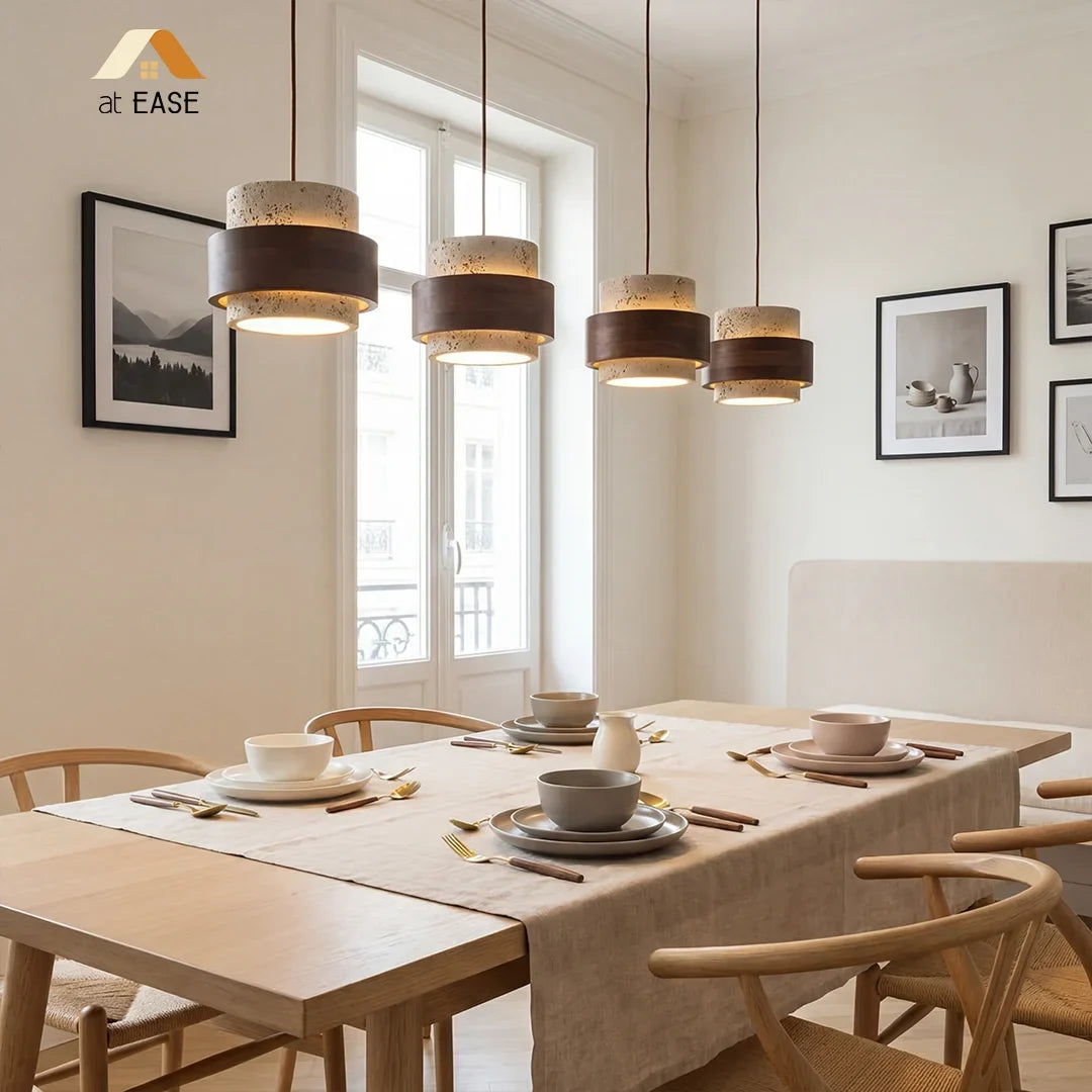 Wabi-Sabi Natural Travertine Cylinder Pendant Light with Wooden Shade, Japandi Kitchen Island Pendant Lamp