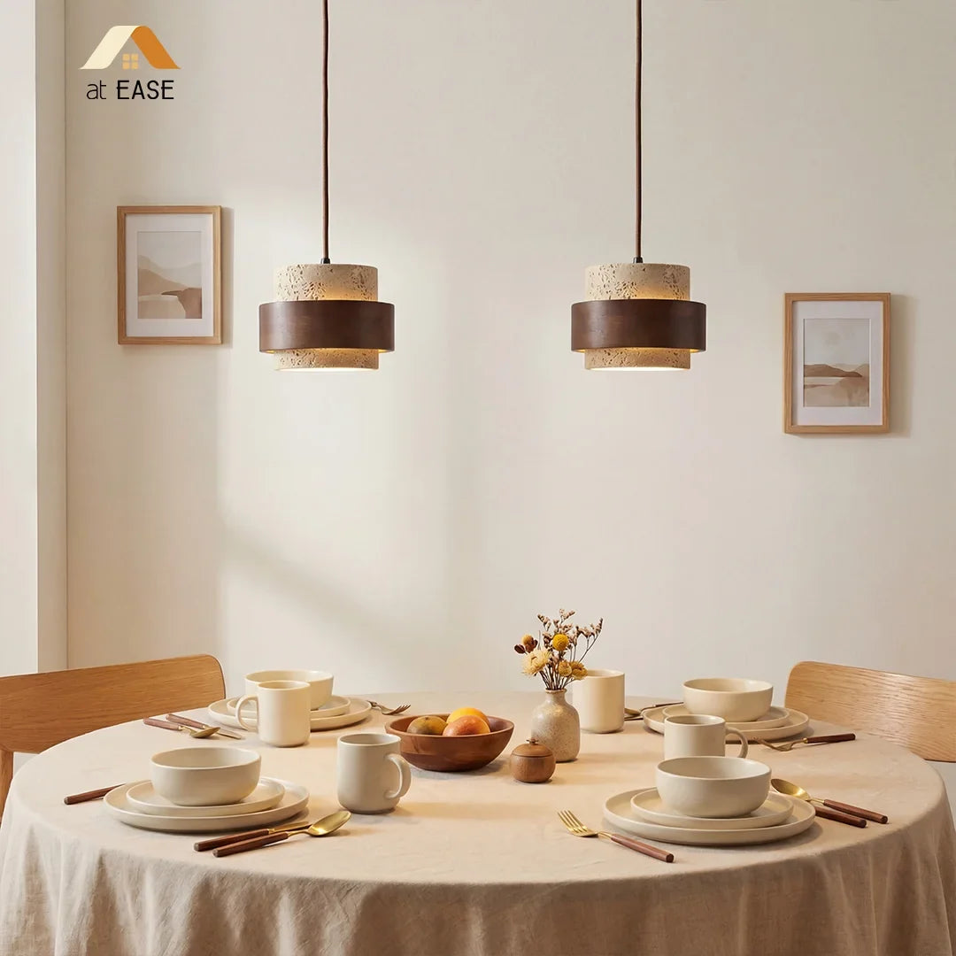 Wabi-Sabi Natural Travertine Cylinder Pendant Light with Wooden Shade, Japandi Kitchen Island Pendant Lamp