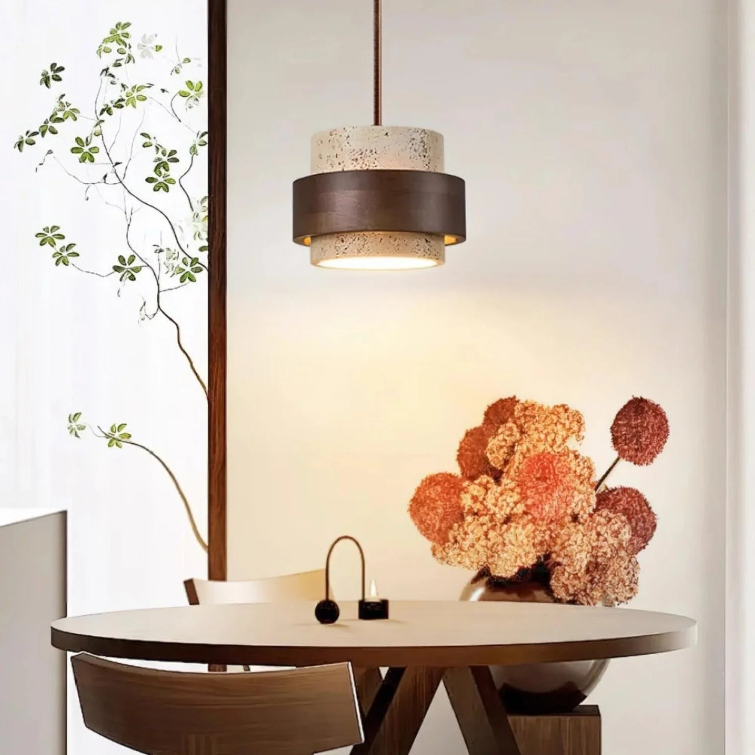 Wabi-Sabi Natural Travertine Cylinder Pendant Light with Wooden Shade, Japandi Kitchen Island Pendant Lamp