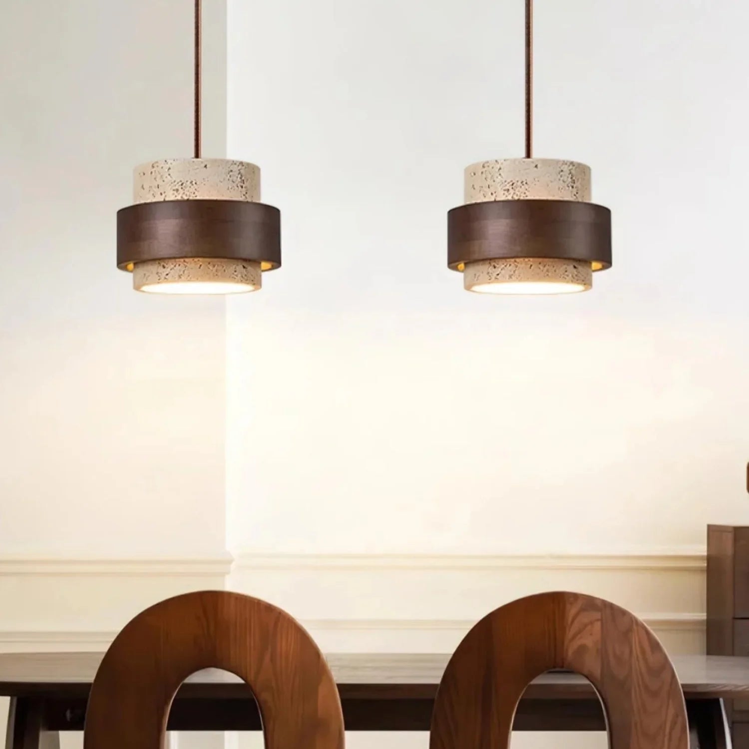 Wabi-Sabi Natural Travertine Cylinder Pendant Light with Wooden Shade, Japandi Kitchen Island Pendant Lamp