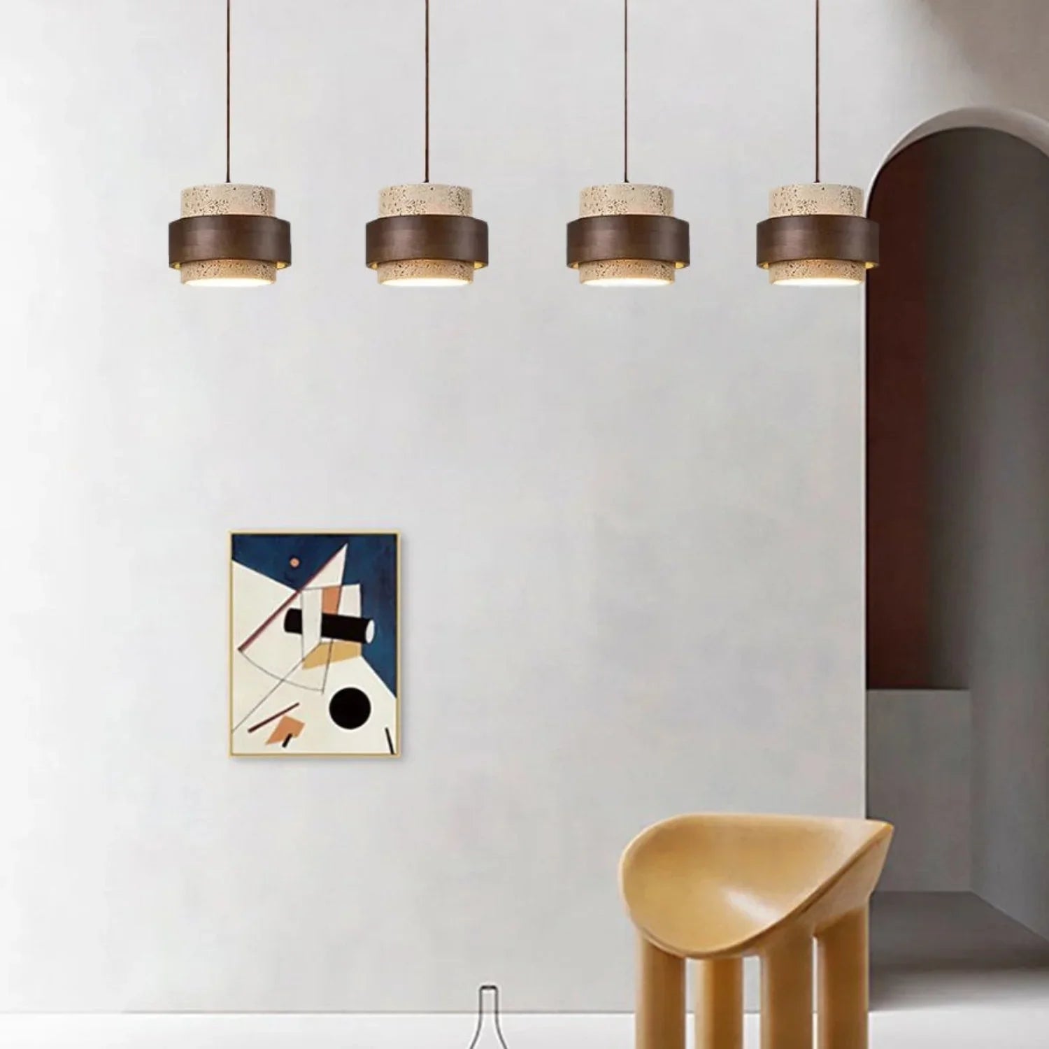 Wabi-Sabi Natural Travertine Cylinder Pendant Light with Wooden Shade, Japandi Kitchen Island Pendant Lamp