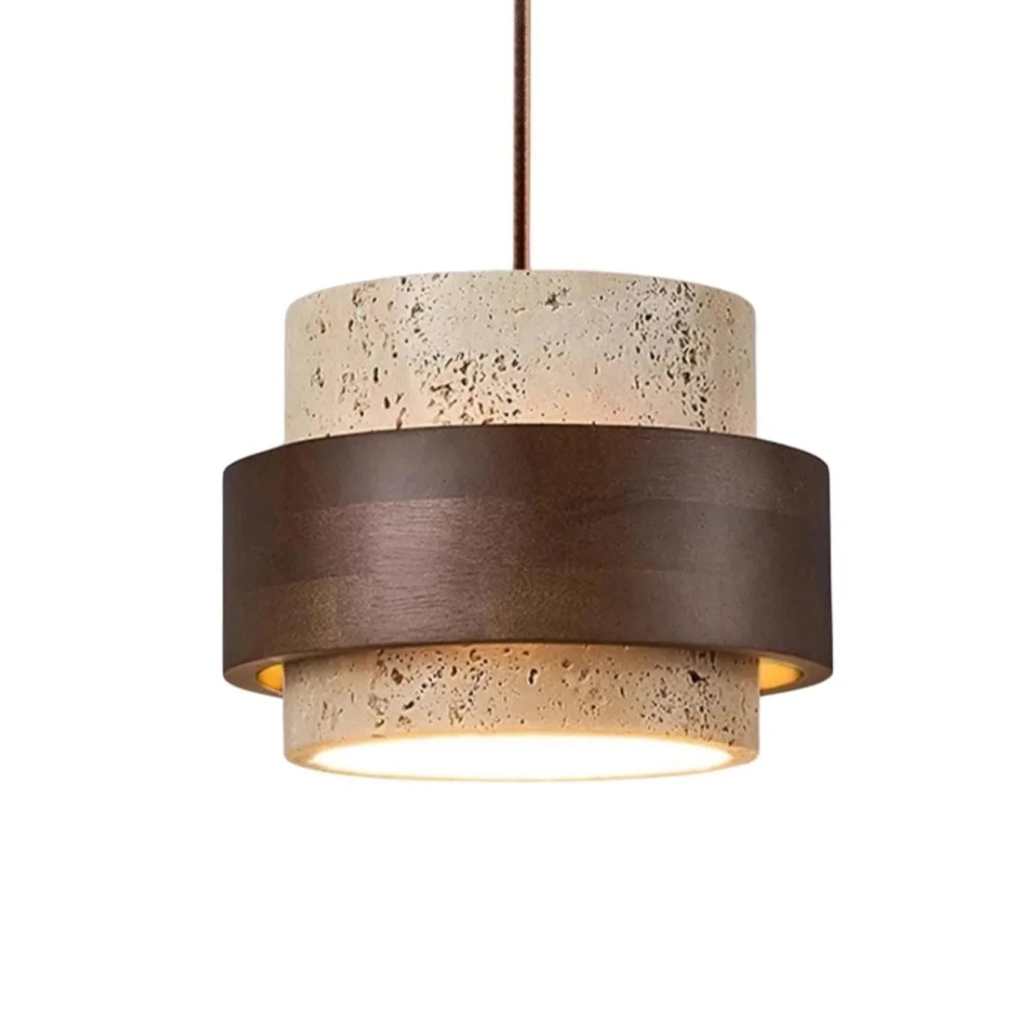 Wabi-Sabi Natural Travertine Cylinder Pendant Light with Wooden Shade, Japandi Kitchen Island Pendant Lamp