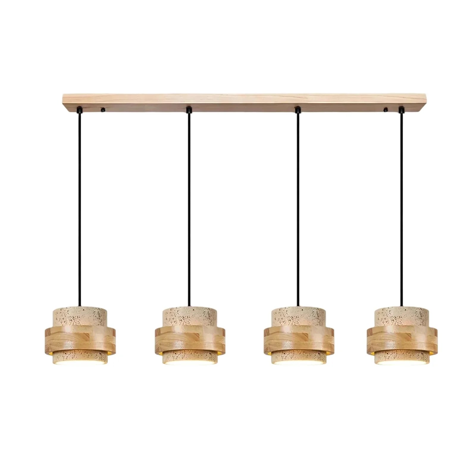 Wabi-Sabi Natural Travertine Cylinder Pendant Light with Wooden Shade, Japandi Kitchen Island Pendant Lamp