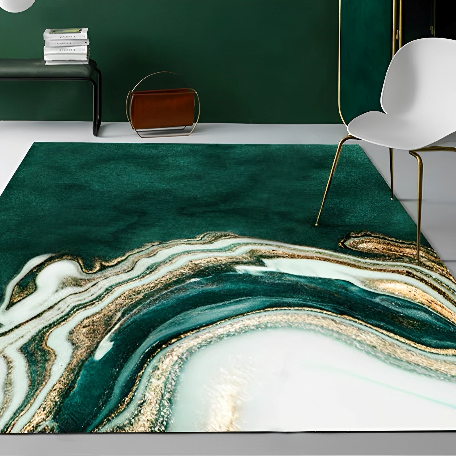 Washable Crystal Velvet Area Rug with Green Marble Design and Non-Slip Backing