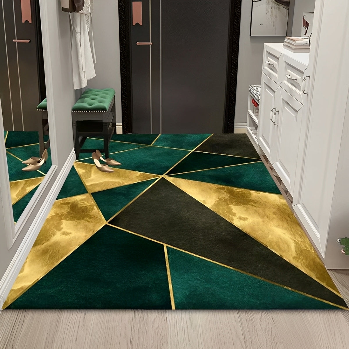 Washable Crystal Velvet Area Rug with Green Marble Design and Non-Slip Backing