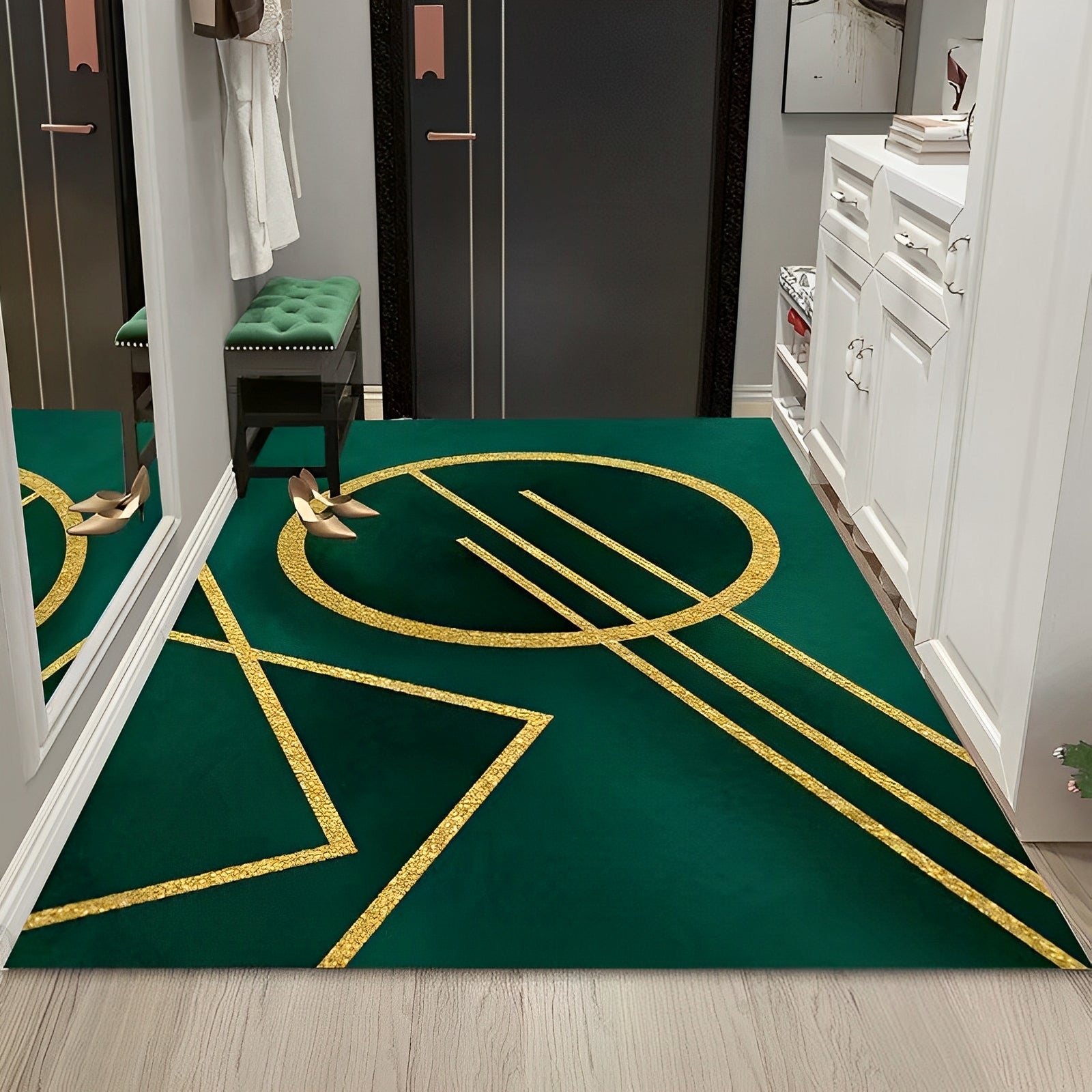 Washable Crystal Velvet Area Rug with Green Marble Design and Non-Slip Backing