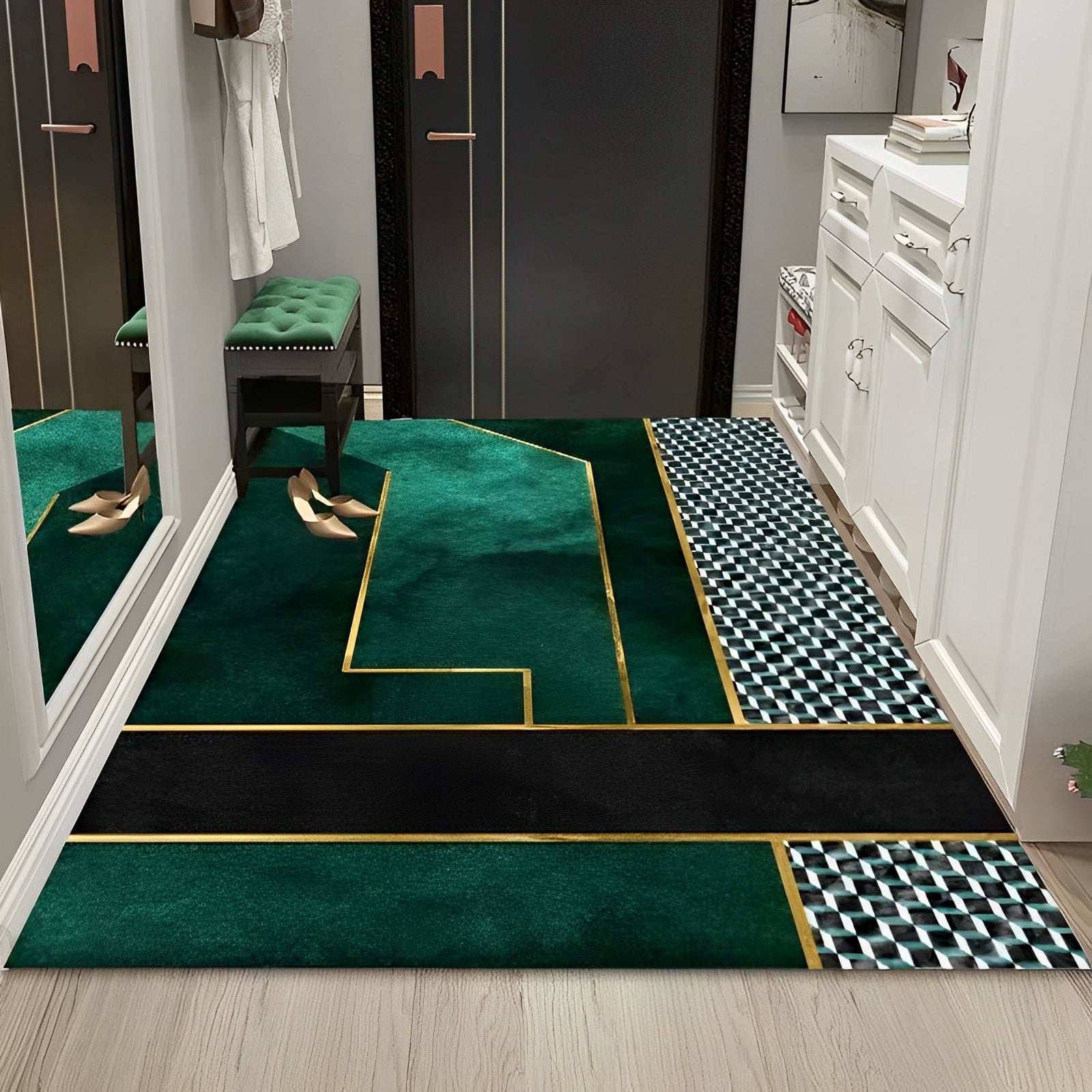 Washable Crystal Velvet Area Rug with Green Marble Design and Non-Slip Backing