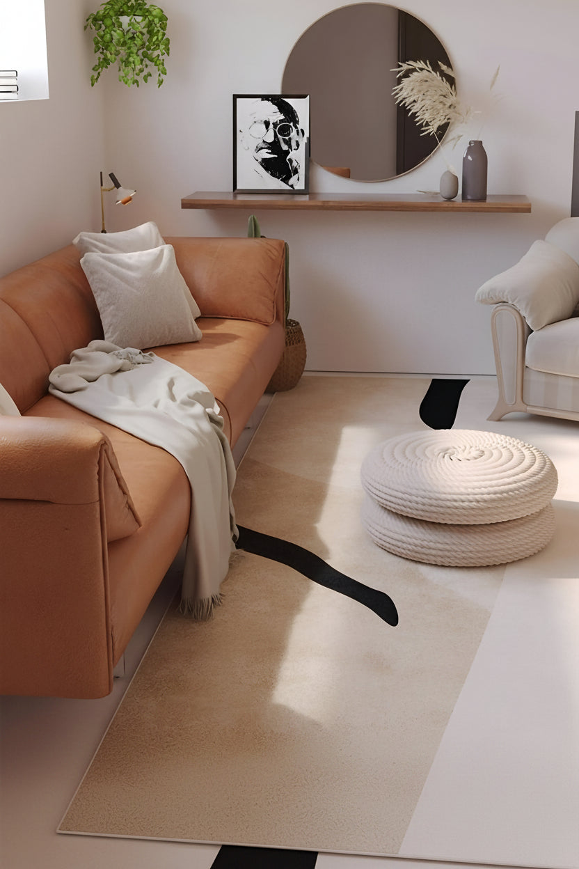 Washable Plush Area Rug in Beige with Modern Striped Design
