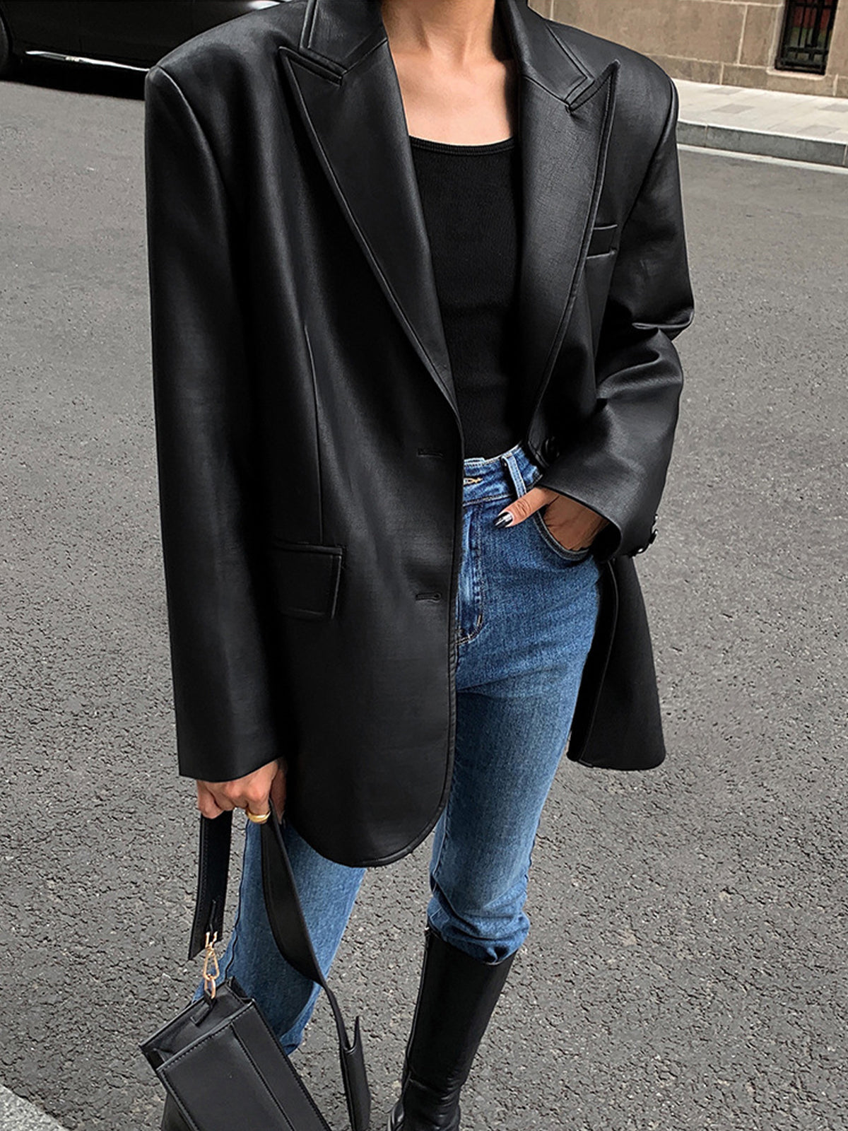 Women’s Long Faux Leather Blazer