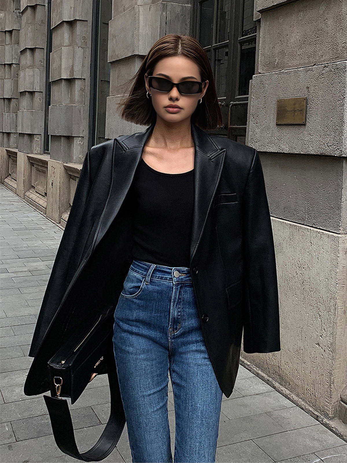 Women’s Long Faux Leather Blazer