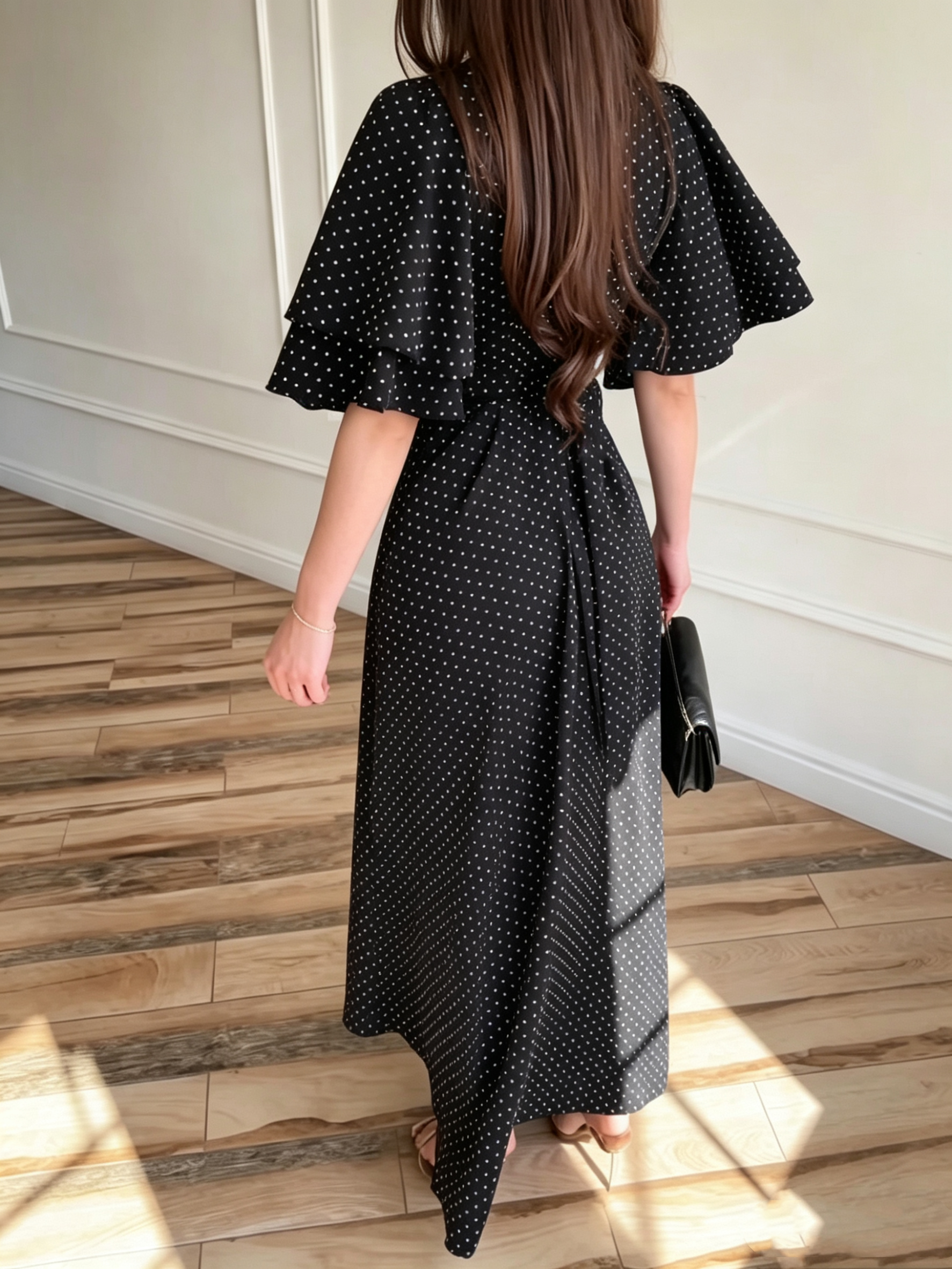 Women's Polka-Dot Satin Tie-Waist Dress – Long Regular Fit