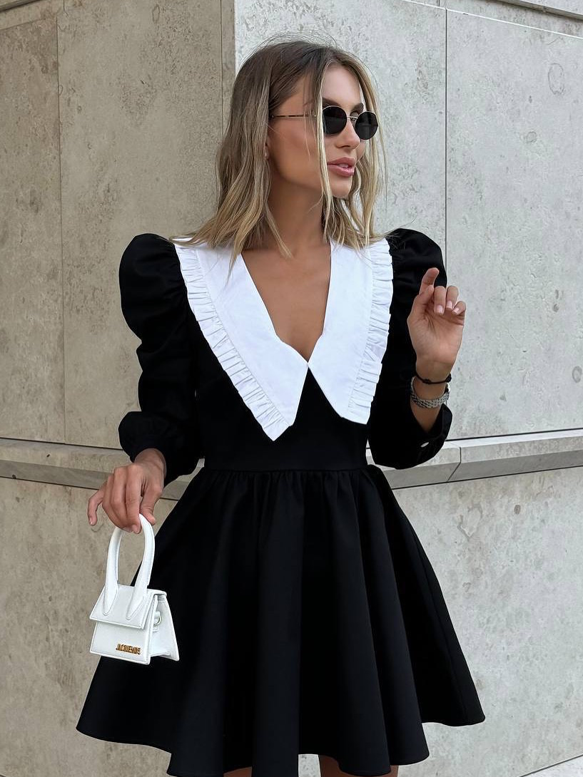 Women's Lapel Mini Dress – Slim Fit Color Clash Design