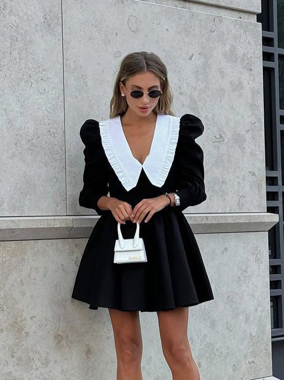 Women's Lapel Mini Dress – Slim Fit Color Clash Design