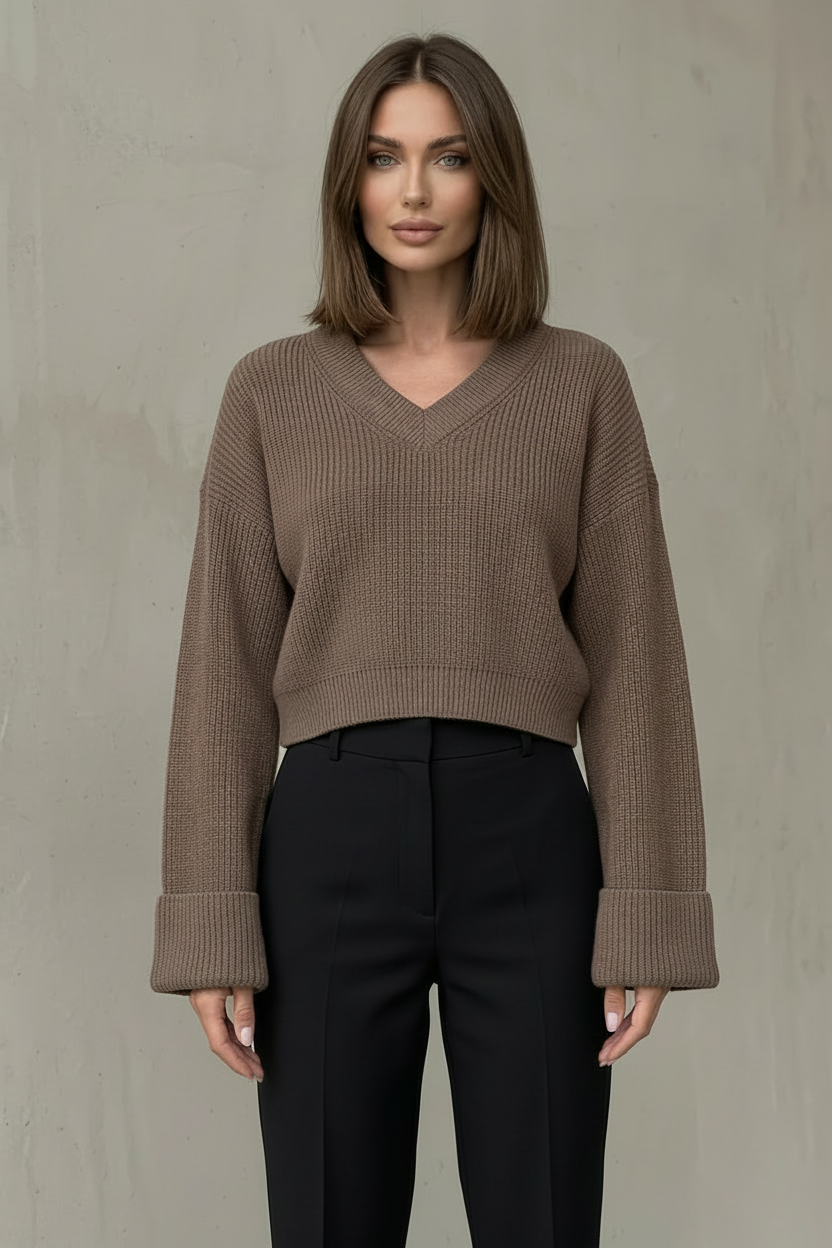 Women's V-Neck Knit Pullover Sweater – Relaxed Fit with Stretch