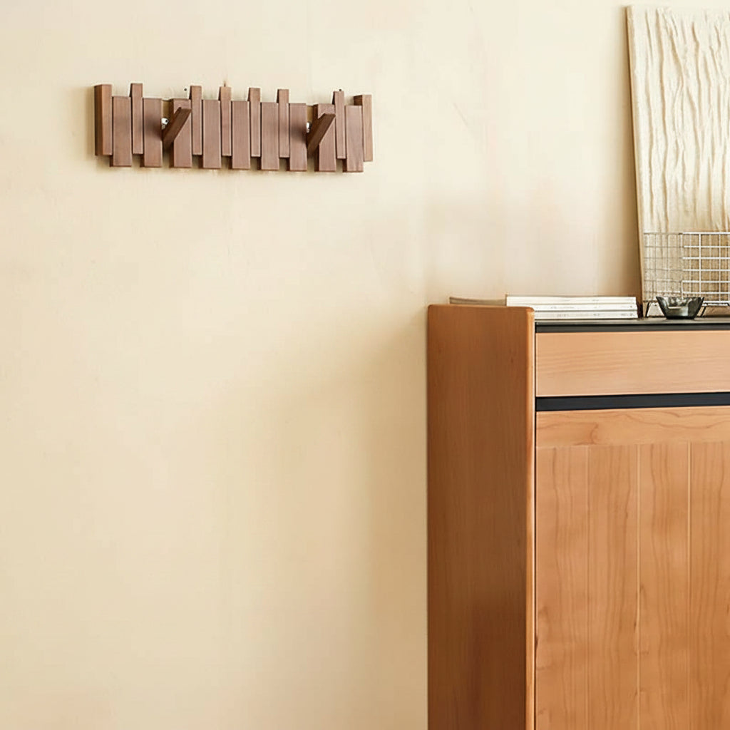 Wooden Wall Coat Rack with Folding Hooks – Natural Wood Magnetic Hook Hanger