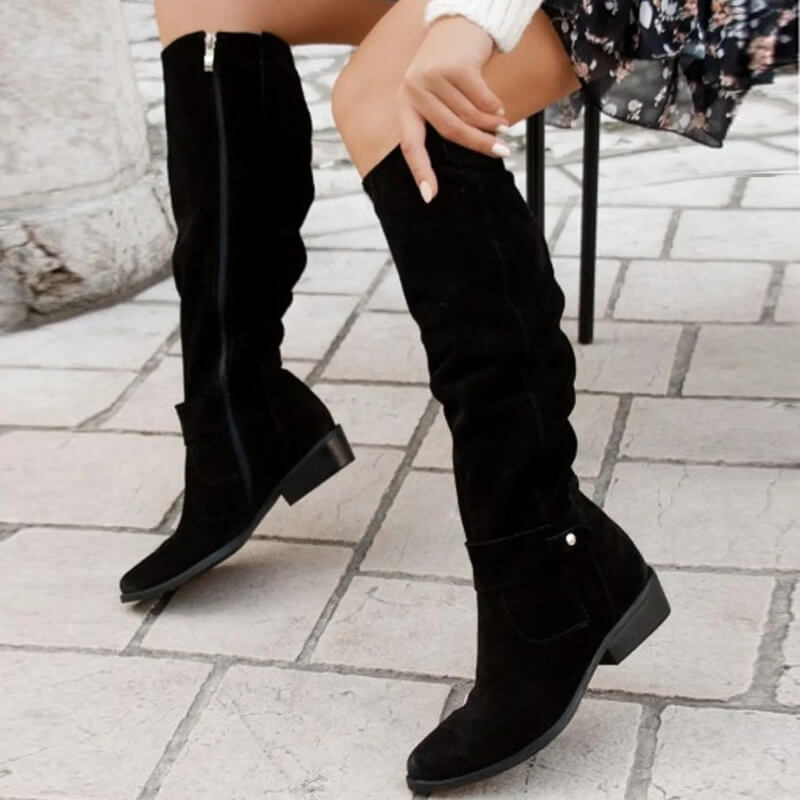Women's Faux Suede Boots – Round Toe, Square Heel & Gel Insole