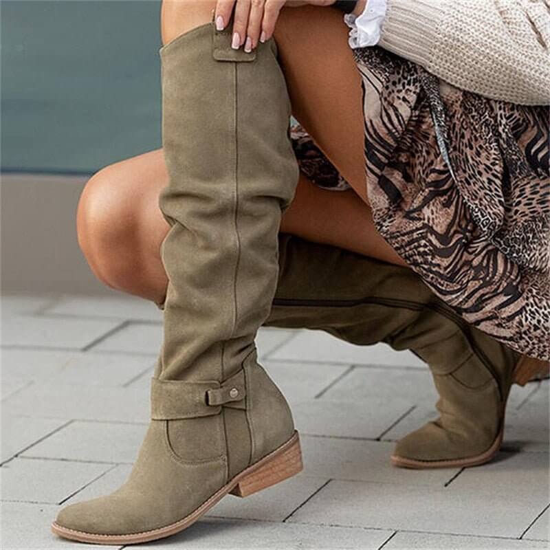 Women's Faux Suede Boots – Round Toe, Square Heel & Gel Insole